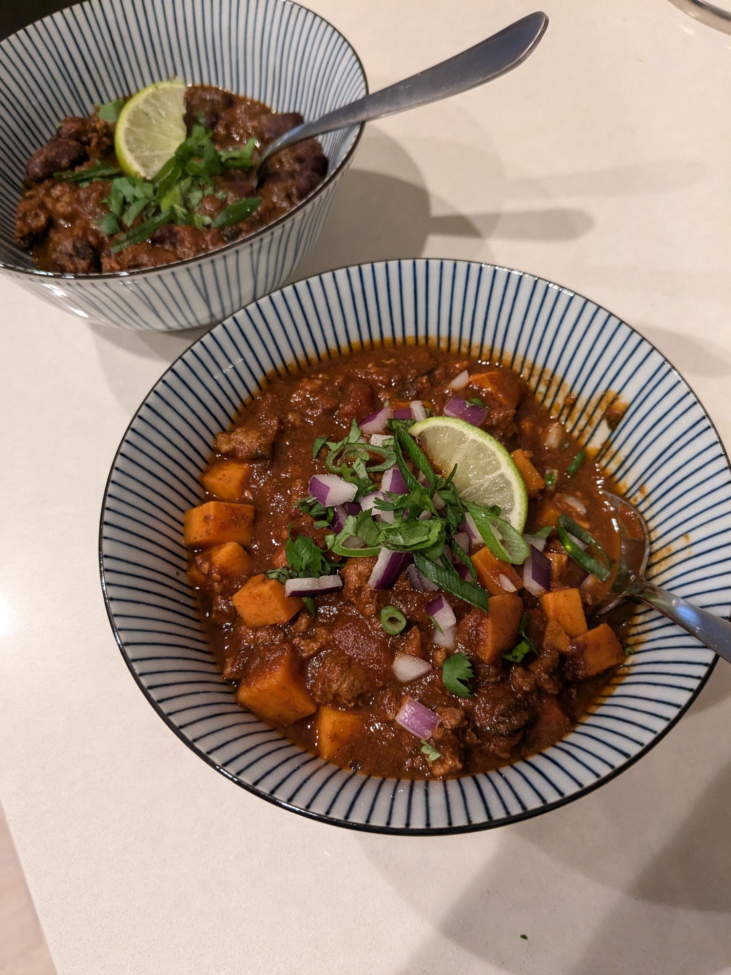 Bowl of No-Bean Chili with sweet potatoes