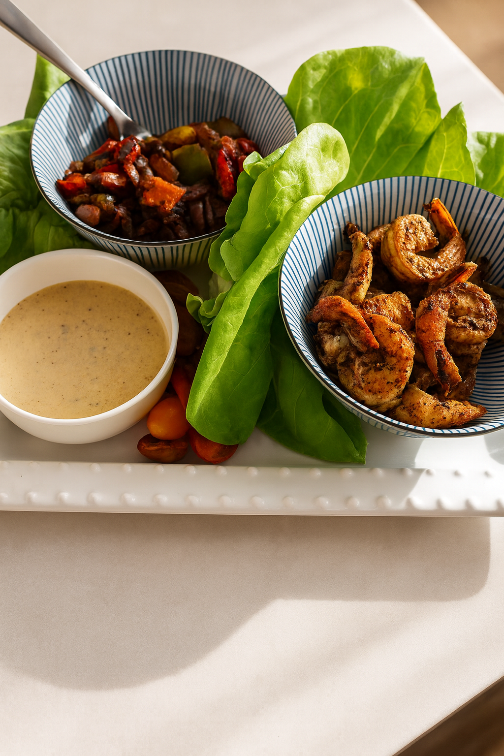 Tray with bowls of butter lettuce, shrimp, and a sauce on a light background